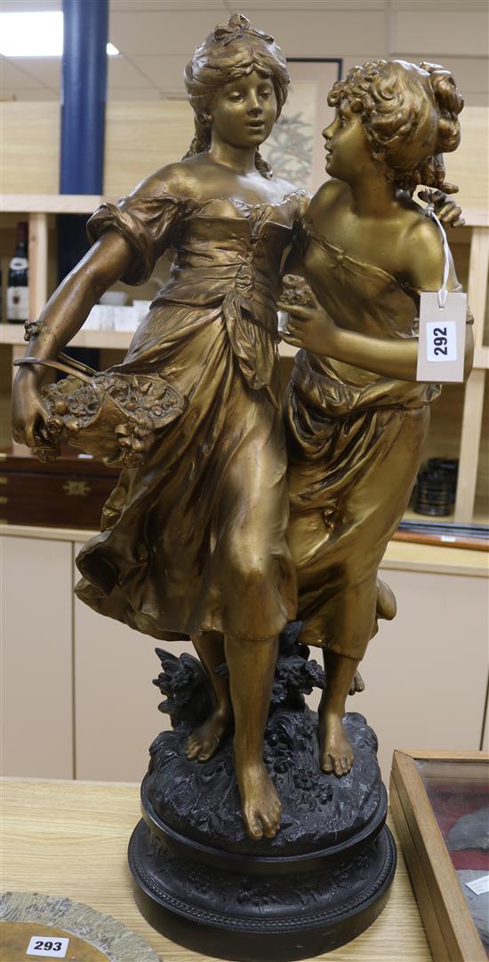 After Auguste Moreau. A gilt and bronze spelter group Amatie H.92cm